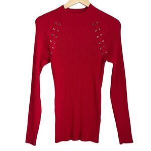 INC Women XL Red Mock Turtleneck Ribbed  Stretchy Lace Up Detail Pull On